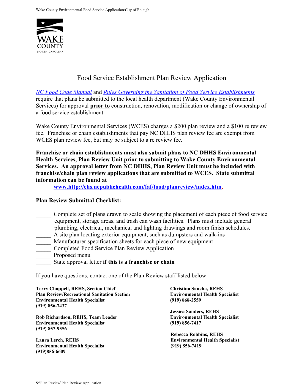 Wake County Environmental Food Service Plan Review Application/City of Raleigh
