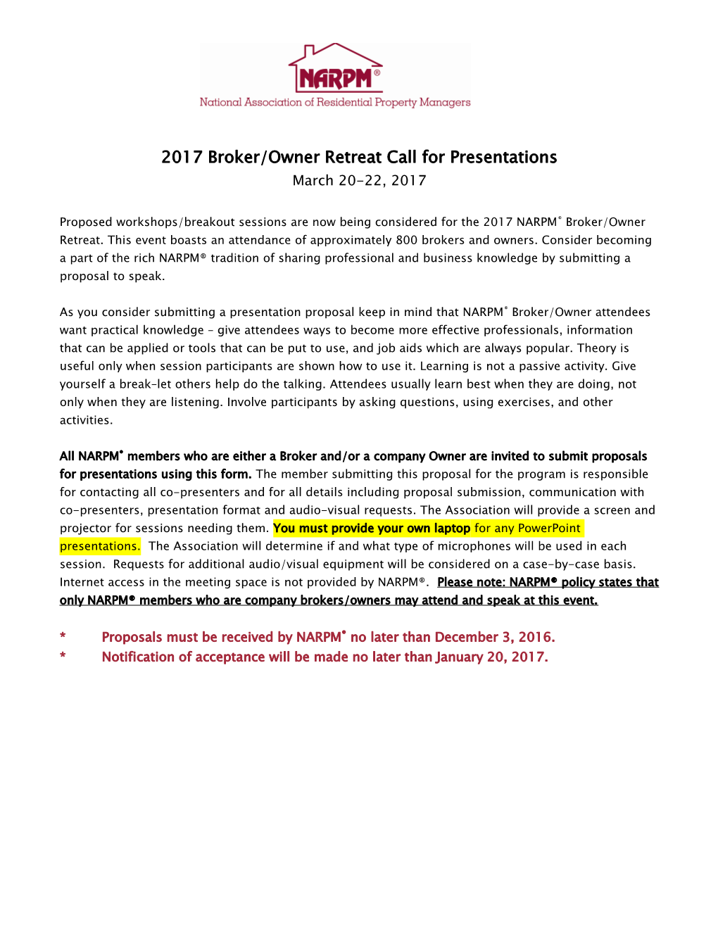 2017Broker/Owner Retreat Call for Presentations