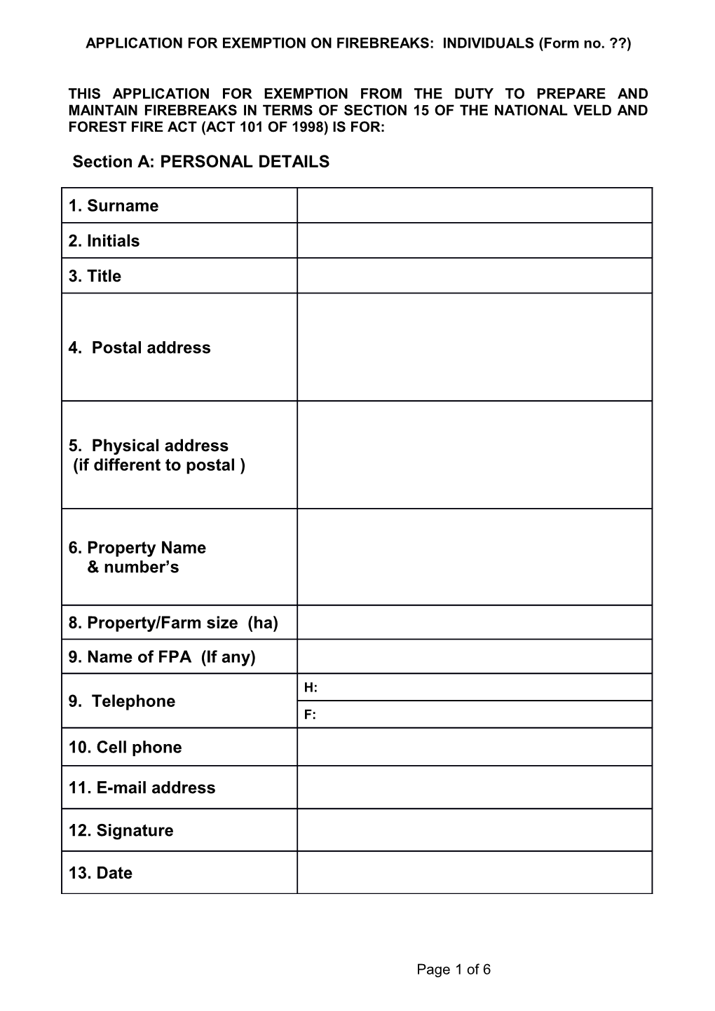 Application for Exemption Firebreak - Induvuals