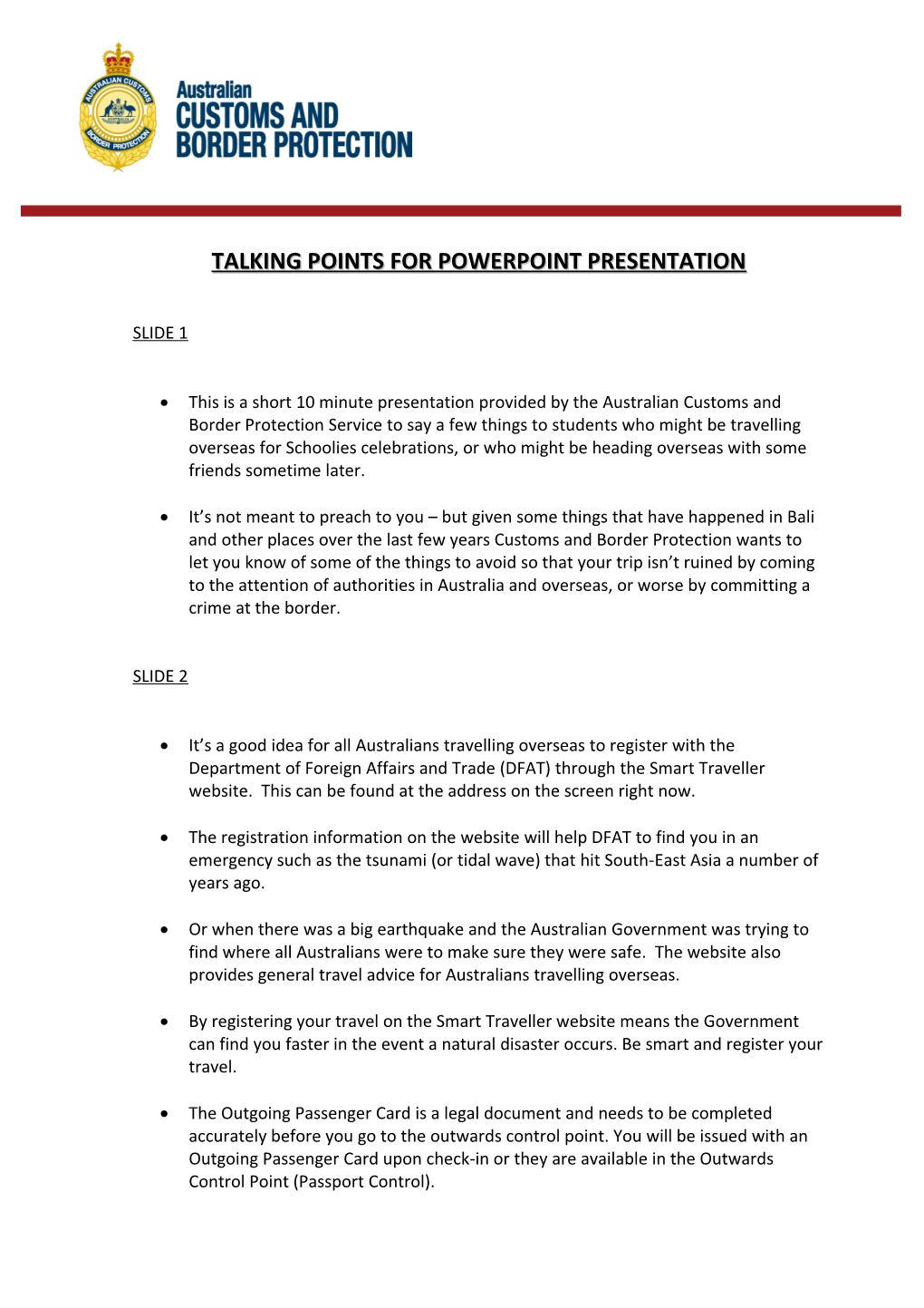 Talking Points for Powerpoint Presentation