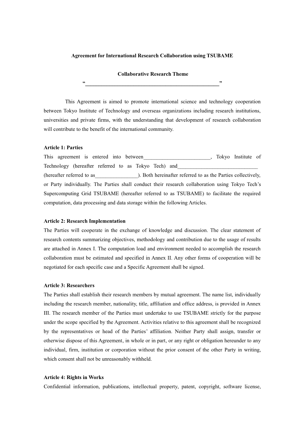 Agreement for Research Collaboration Using TSUBAME