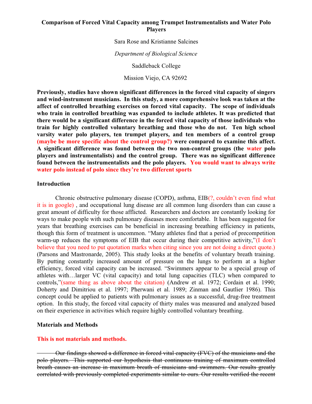 Comparison of Forced Vital Capacity Among Trumpet Instrumentalists and Water Polo Players