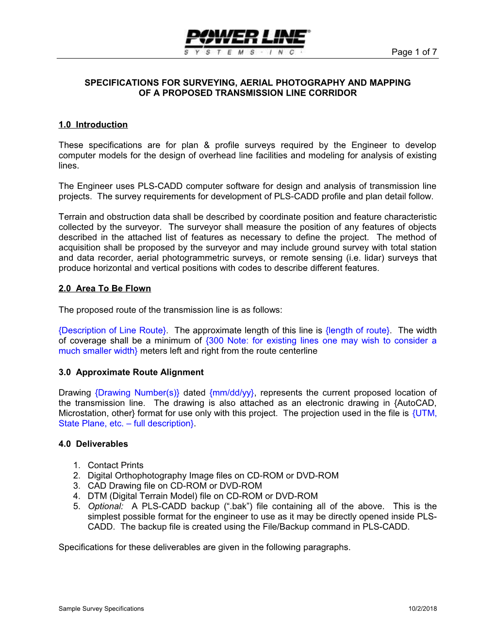 Specifications for Surveying, Aerial Photography and Mapping