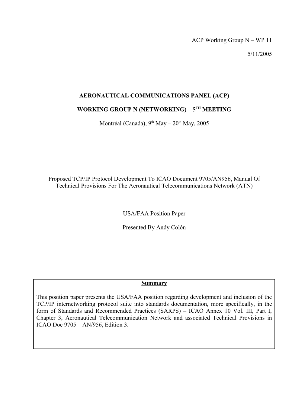 Proposed TCP/IP Protocol Development to ICAO Document 9705/AN956, Manual of Technical Provisions