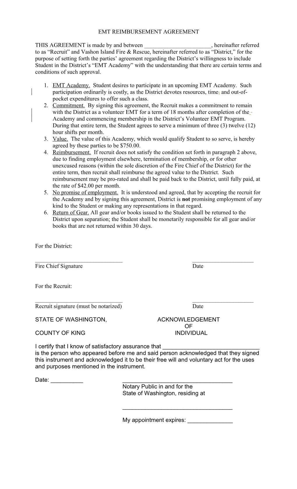 Fire Academy Reimbursement Agreement