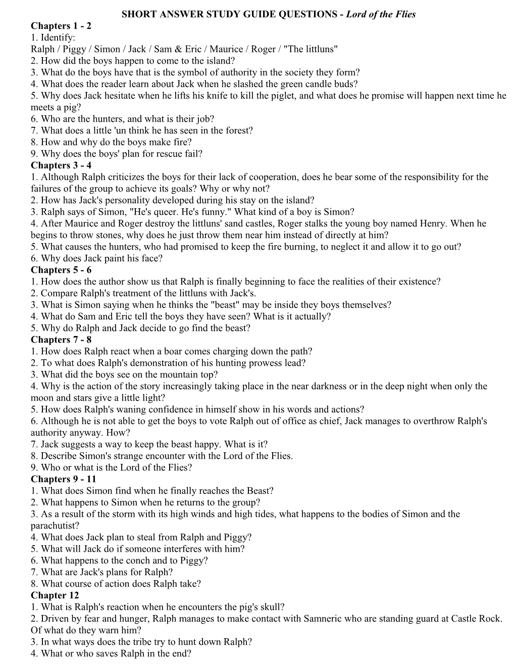SHORT ANSWER STUDY GUIDE QUESTIONS - Lord of the Flies