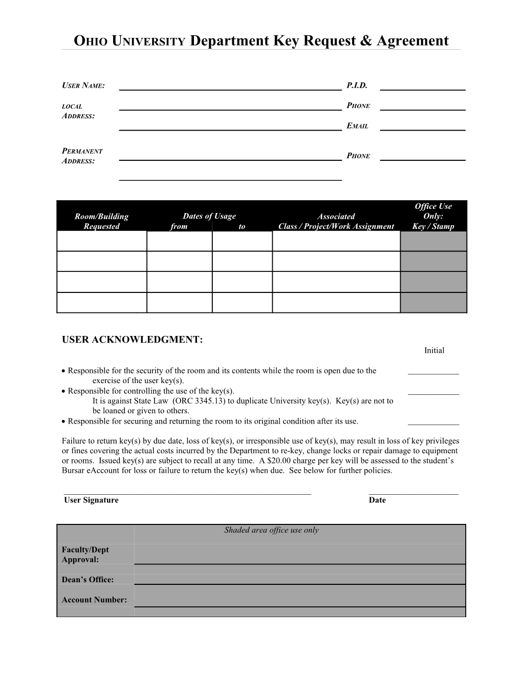 OHIO UNIVERSITY Department Key Request & Agreement