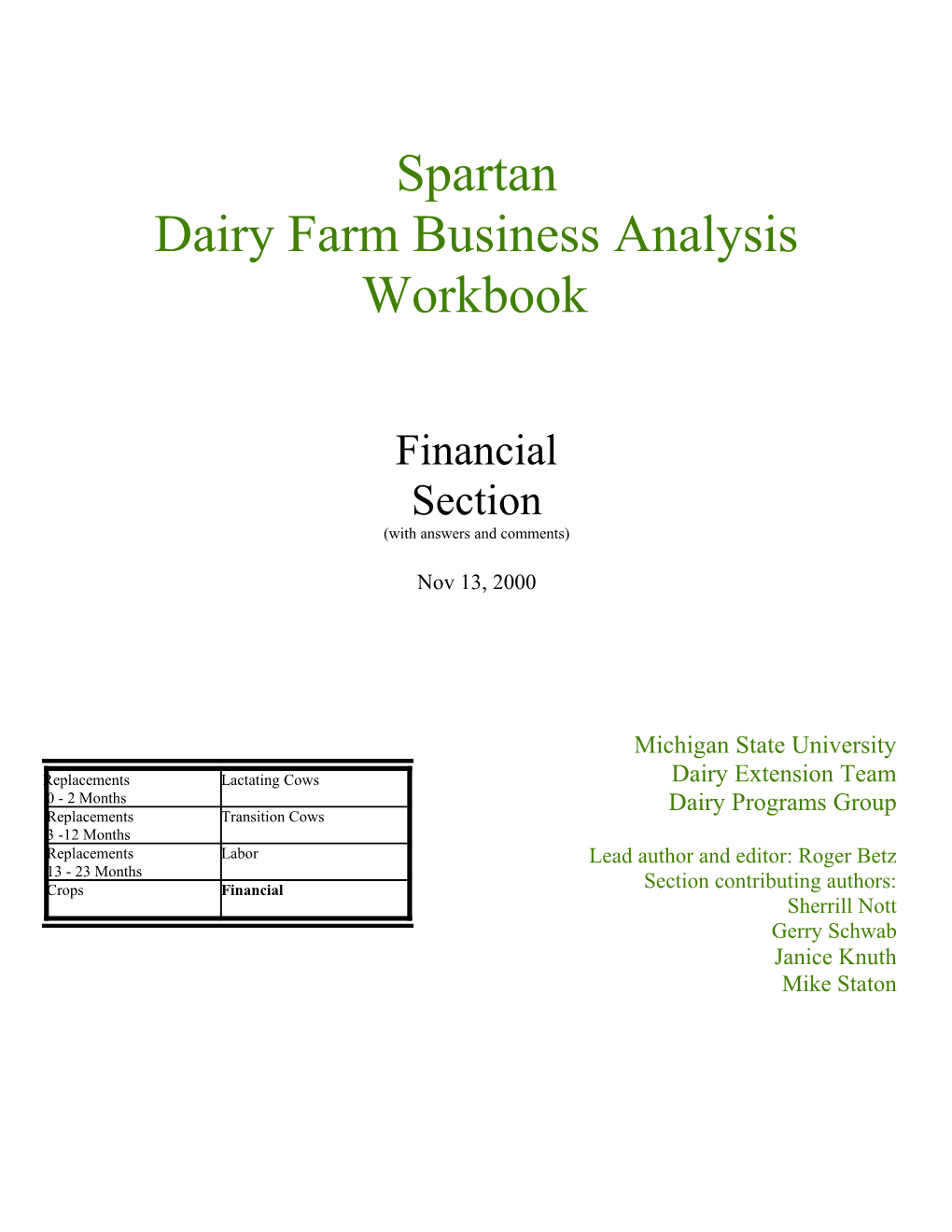 Dairy Analysis Workbook - Financial PAGE 1