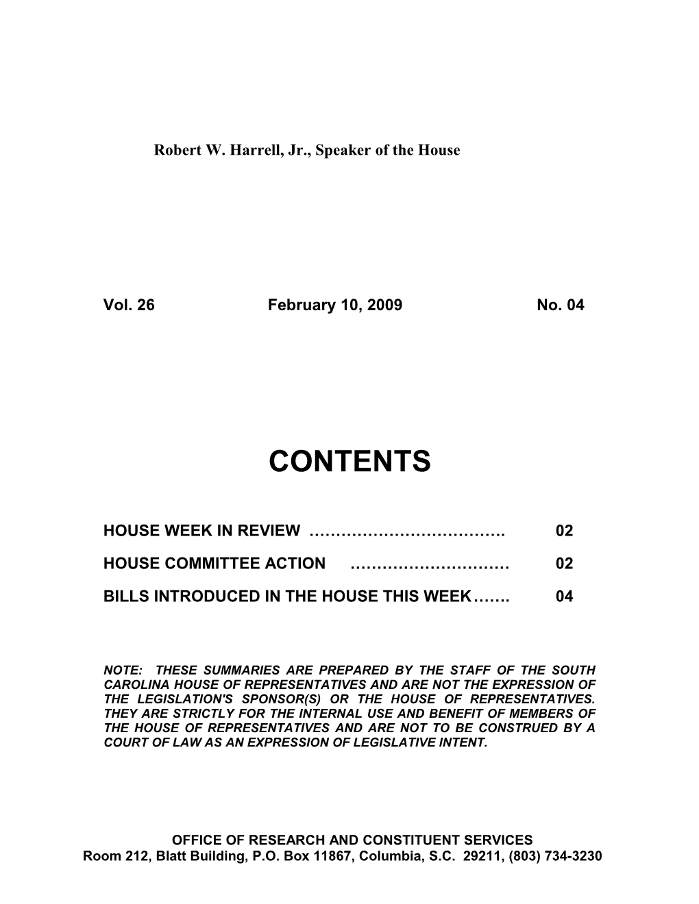 Legislative Update - Vol. 26 No. 04 February 10, 2009 - South Carolina Legislature Online