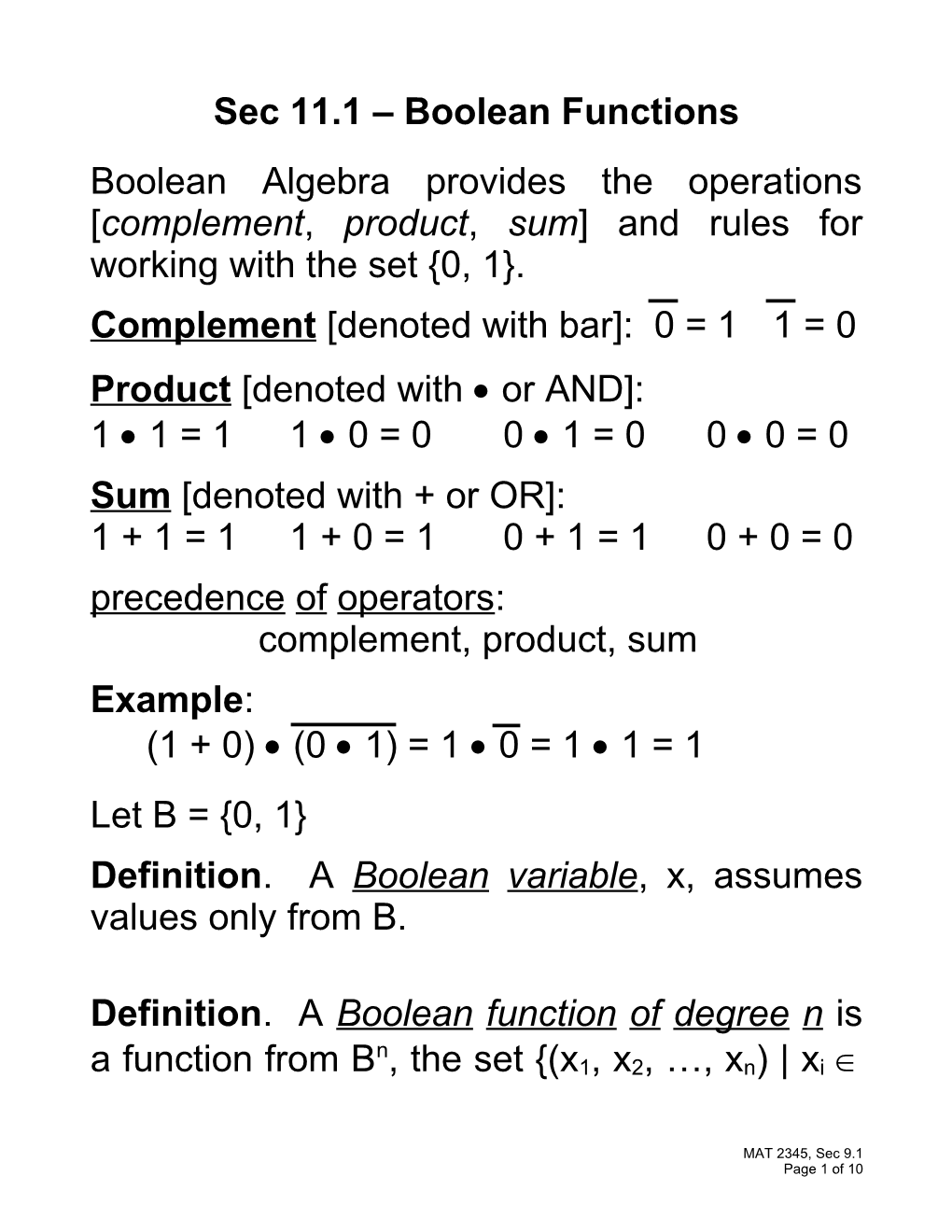 Sec 11.1 Boolean Functions