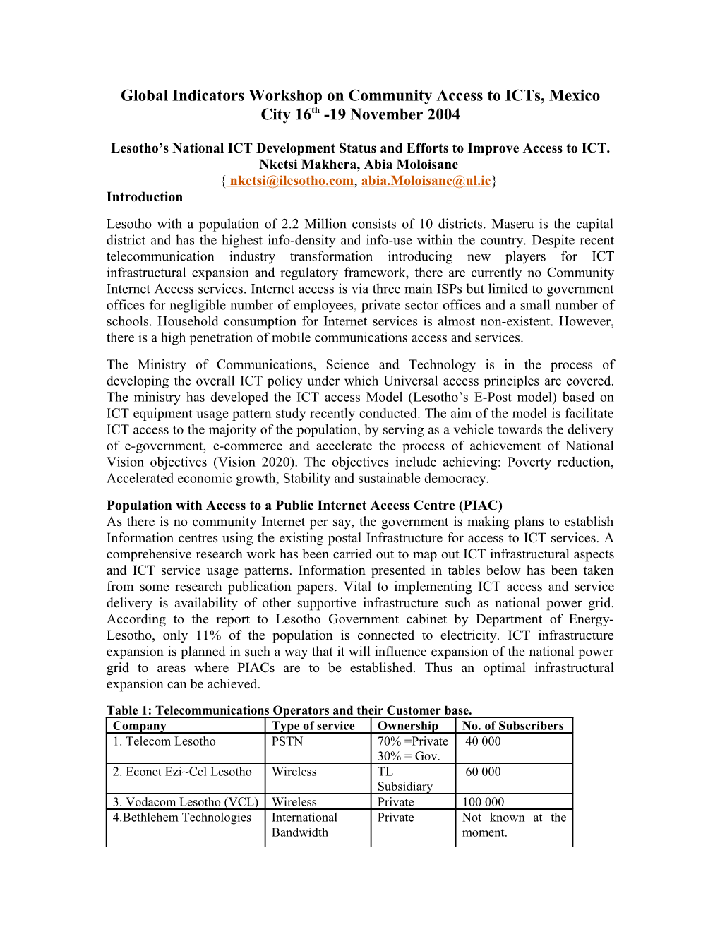 Global Indicators Workshop on Community Access to Icts, Mexico City 16Th -19 November 2004