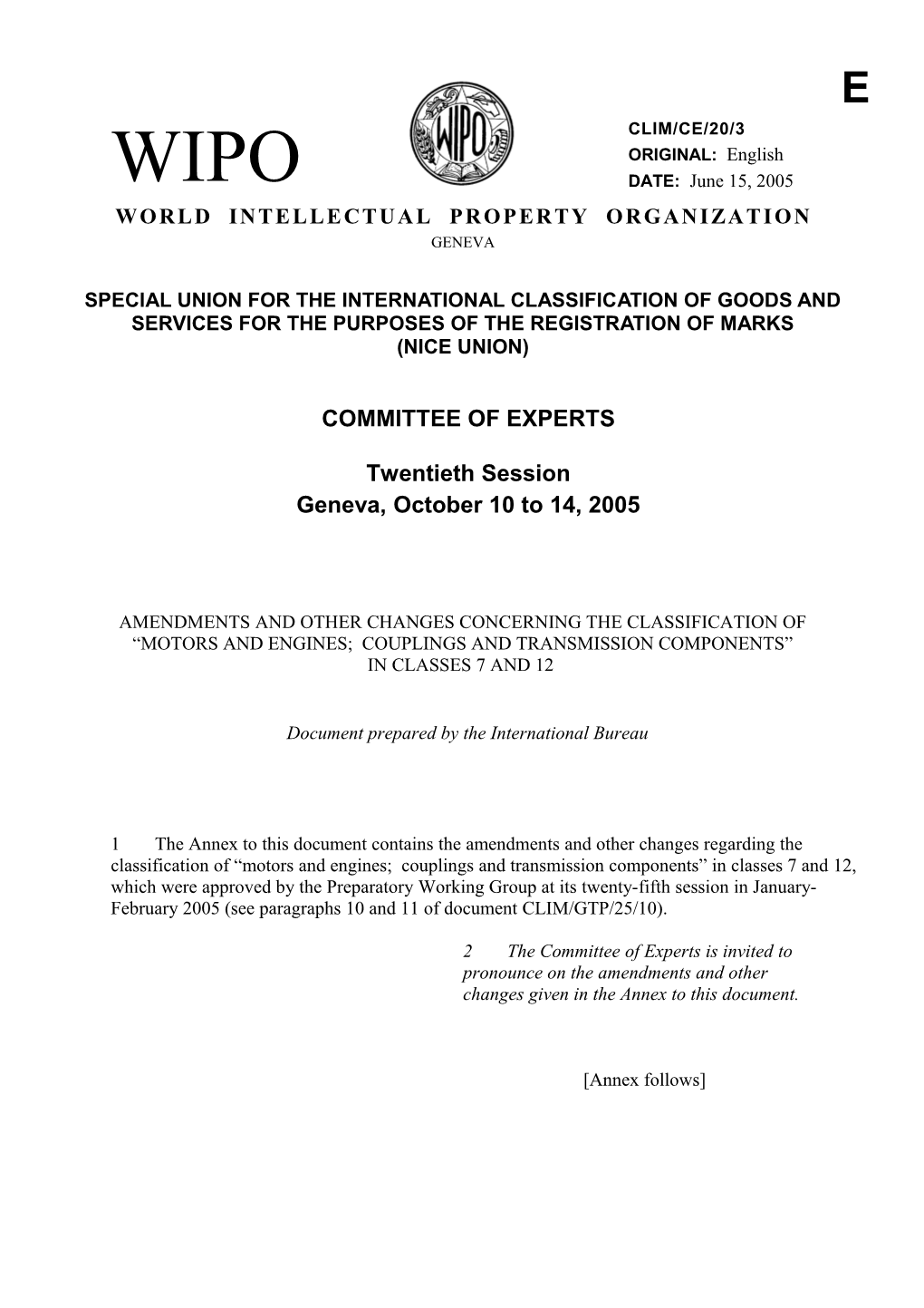 CLIM/CE/20/3: Amendments and Other Changes Concerning the Classificaiton of Motors And