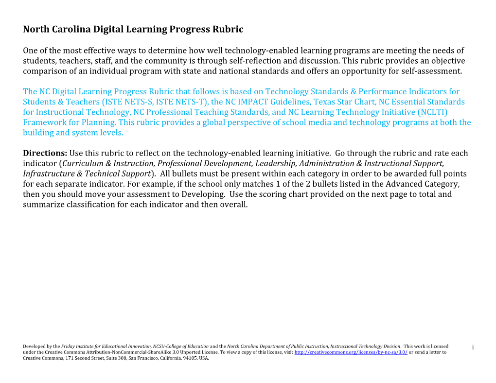 North Carolina Digital Learning Progress Rubric