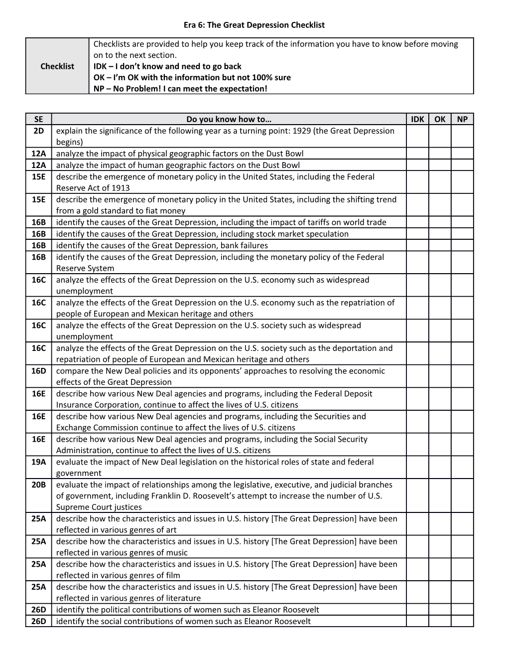 Era 6: the Great Depression Checklist