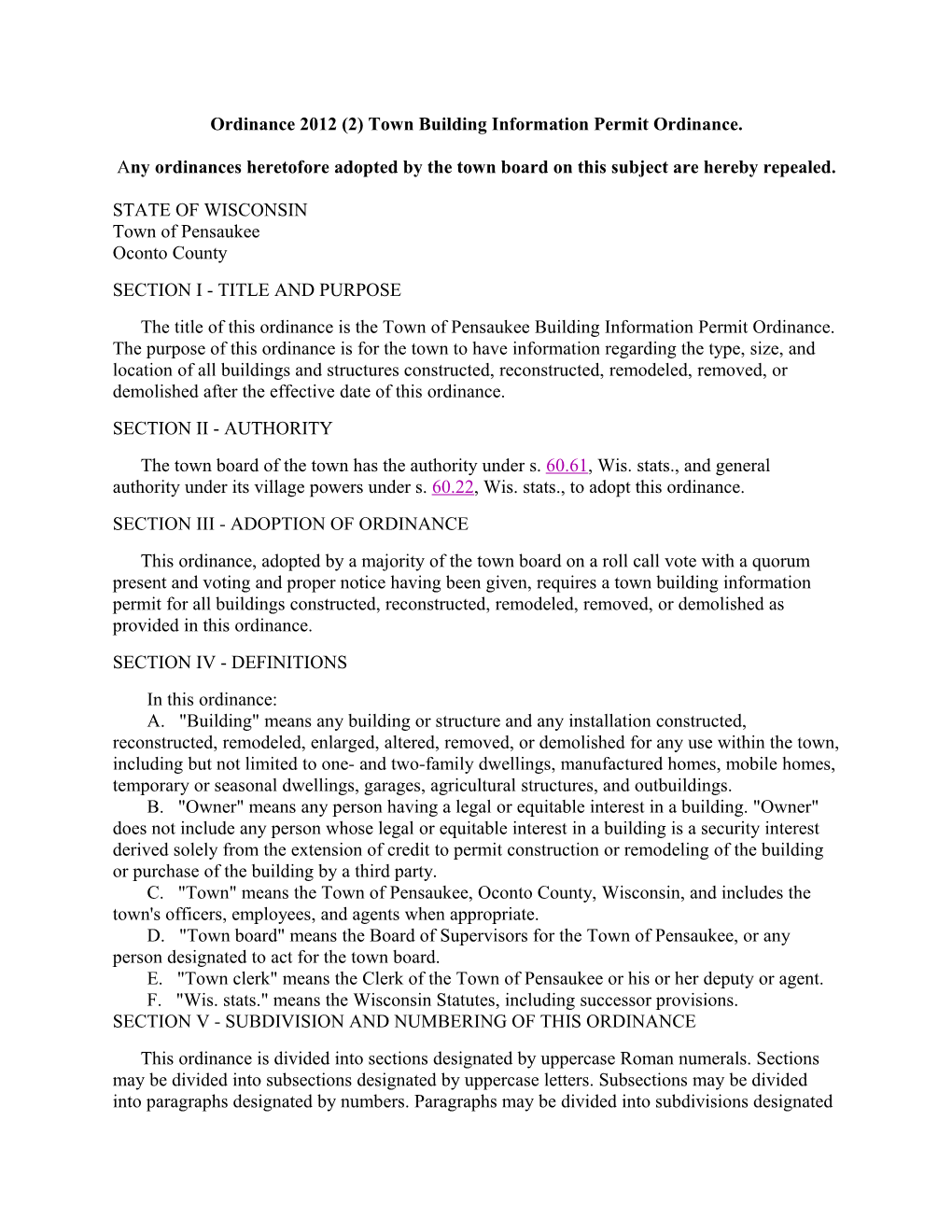 Ordinance 2012 (2) Town Building Information Permit Ordinance