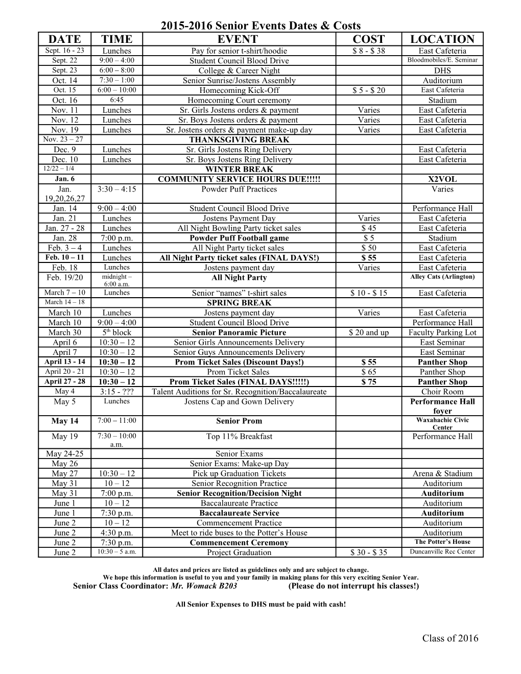 Seniors 2004 Events Calendar