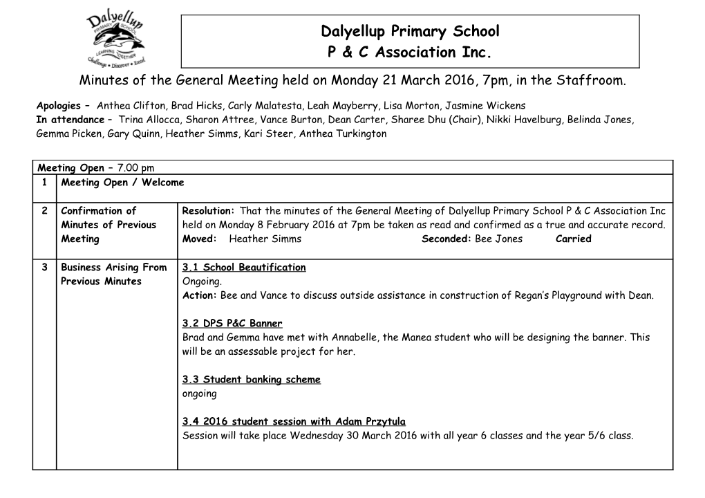 Minutes of the General Meeting Held on Monday 21March2016, 7Pm, in the Staffroom