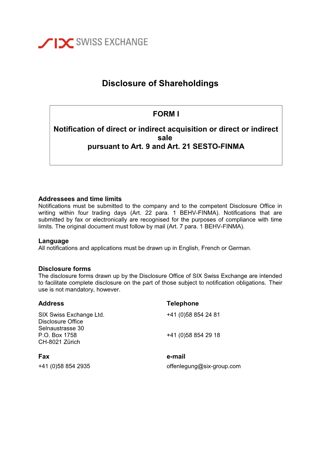Disclosure of Shareholdings