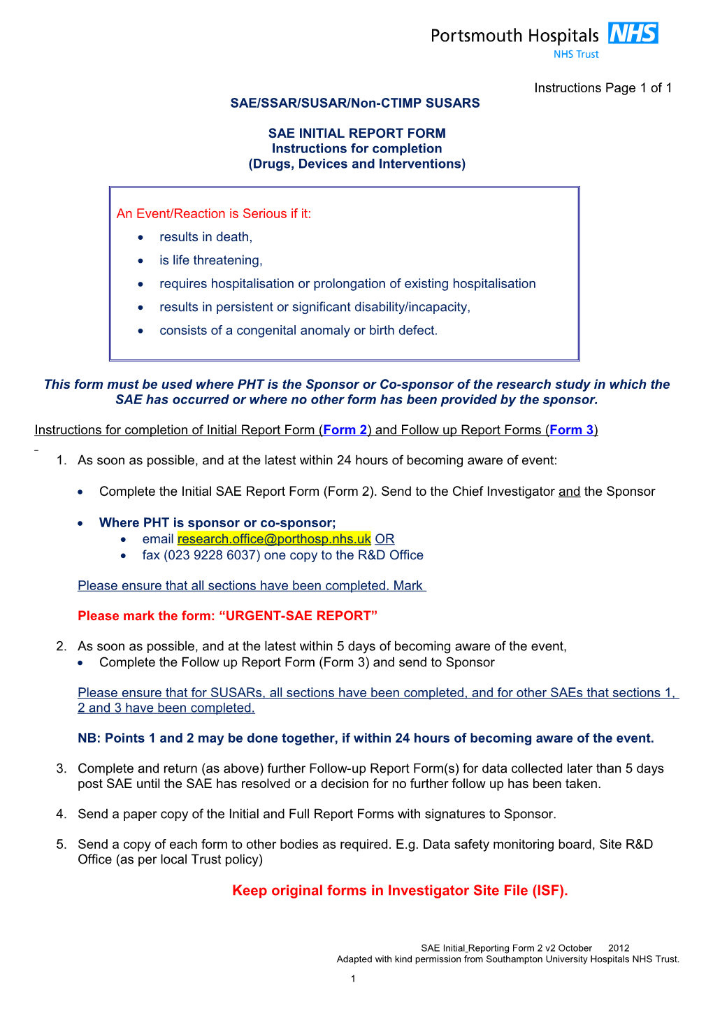 Form 1 - SUHT Investigator S Template for Recording Research Adverse Events