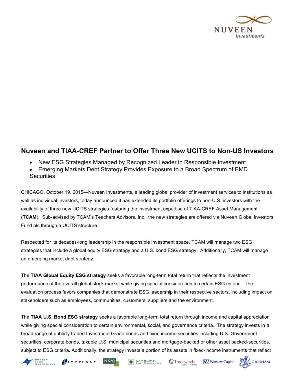 Nuveen and TIAA-CREF Partner to Offerthree New UCITS to Non-US Investors