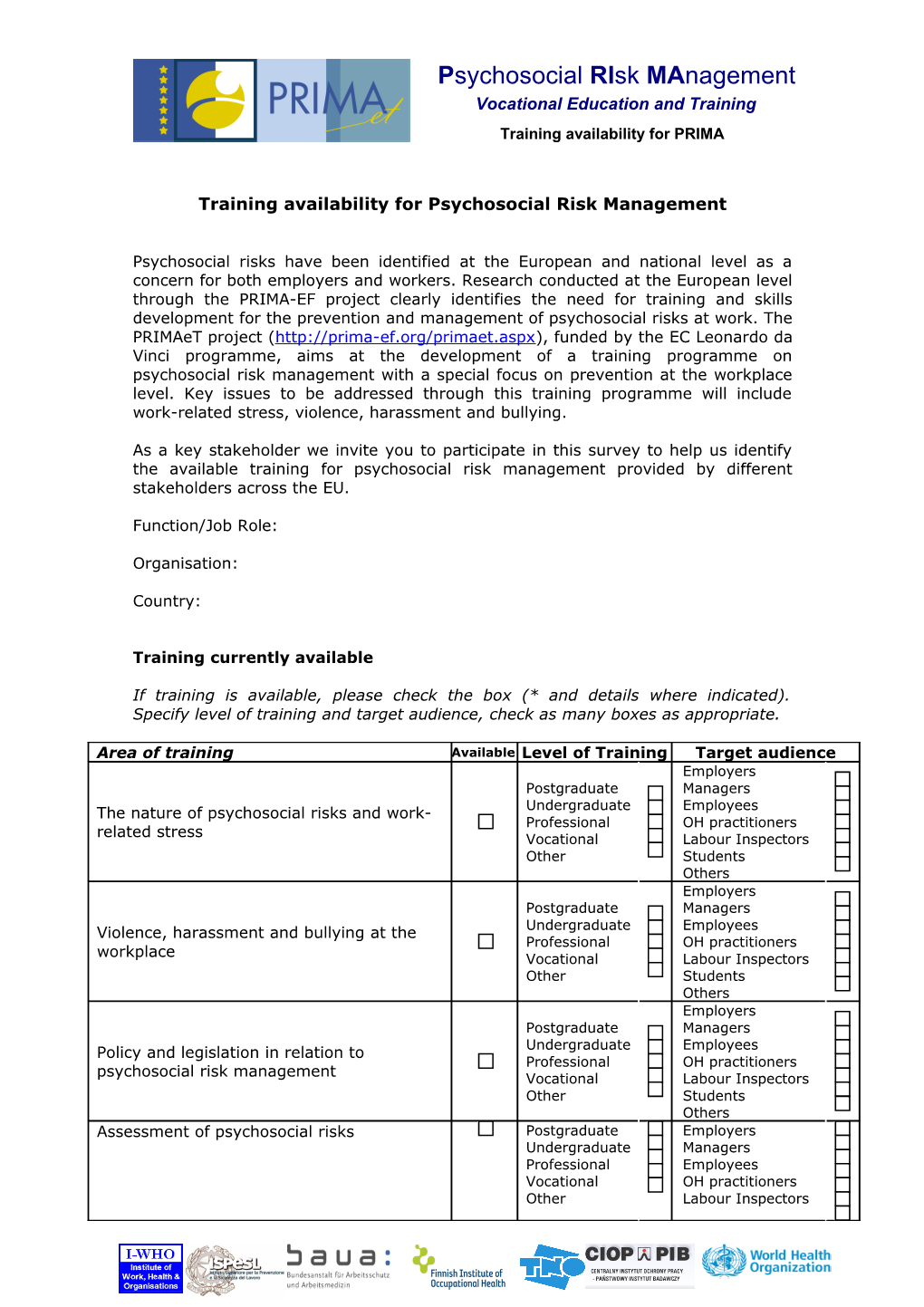 Training Availability for Psychosocial Risk Management