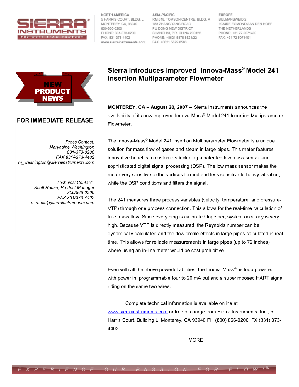 Sierra Introduces Improved Innova-Mass Model 241 Insertion Multiparameter Flowmeter