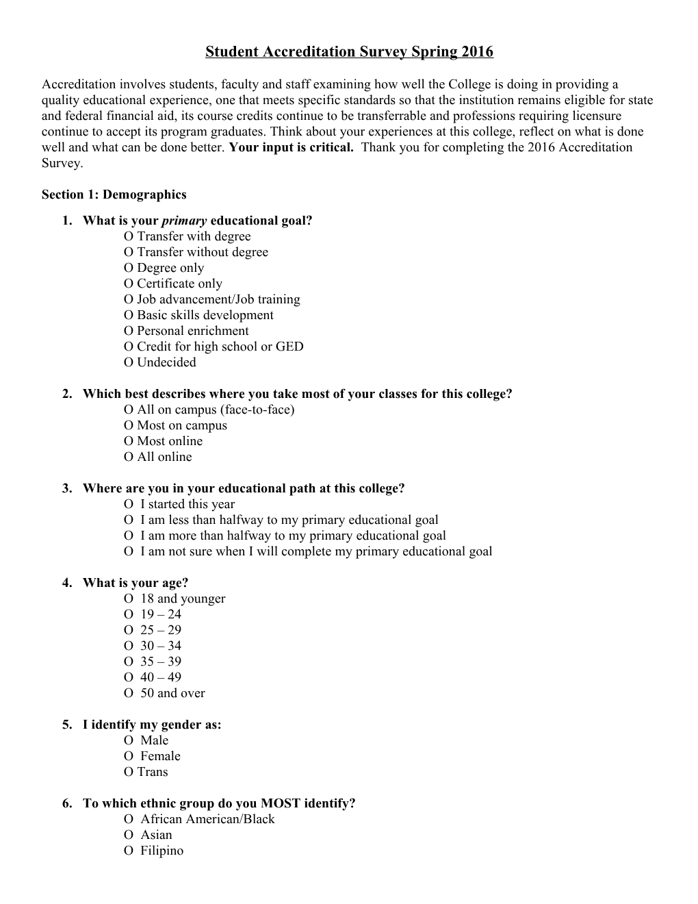 Ideas for a Student Accreditation Survey