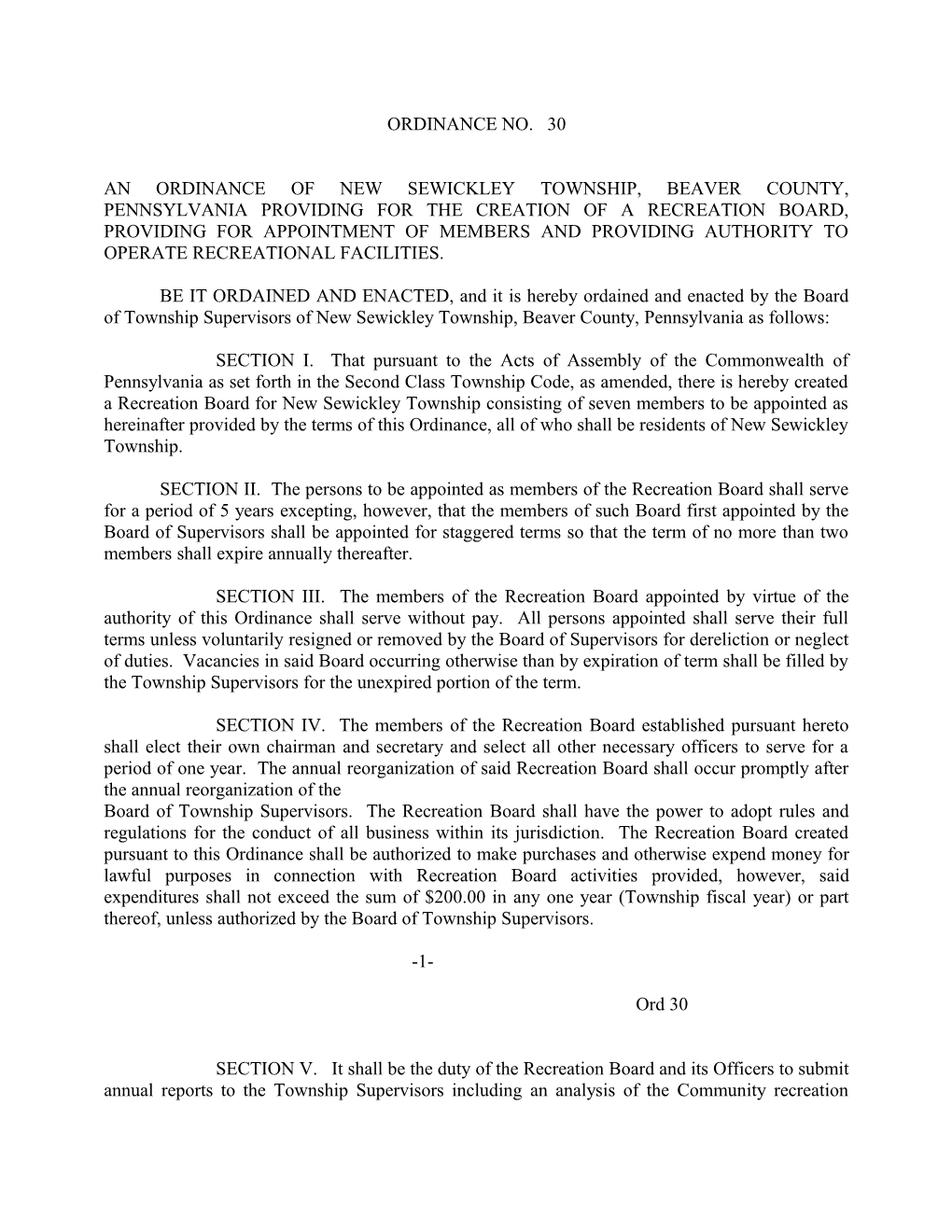 An Ordinance of New Sewickley Township, Beaver County, Pennsylvania Providing for the Creation