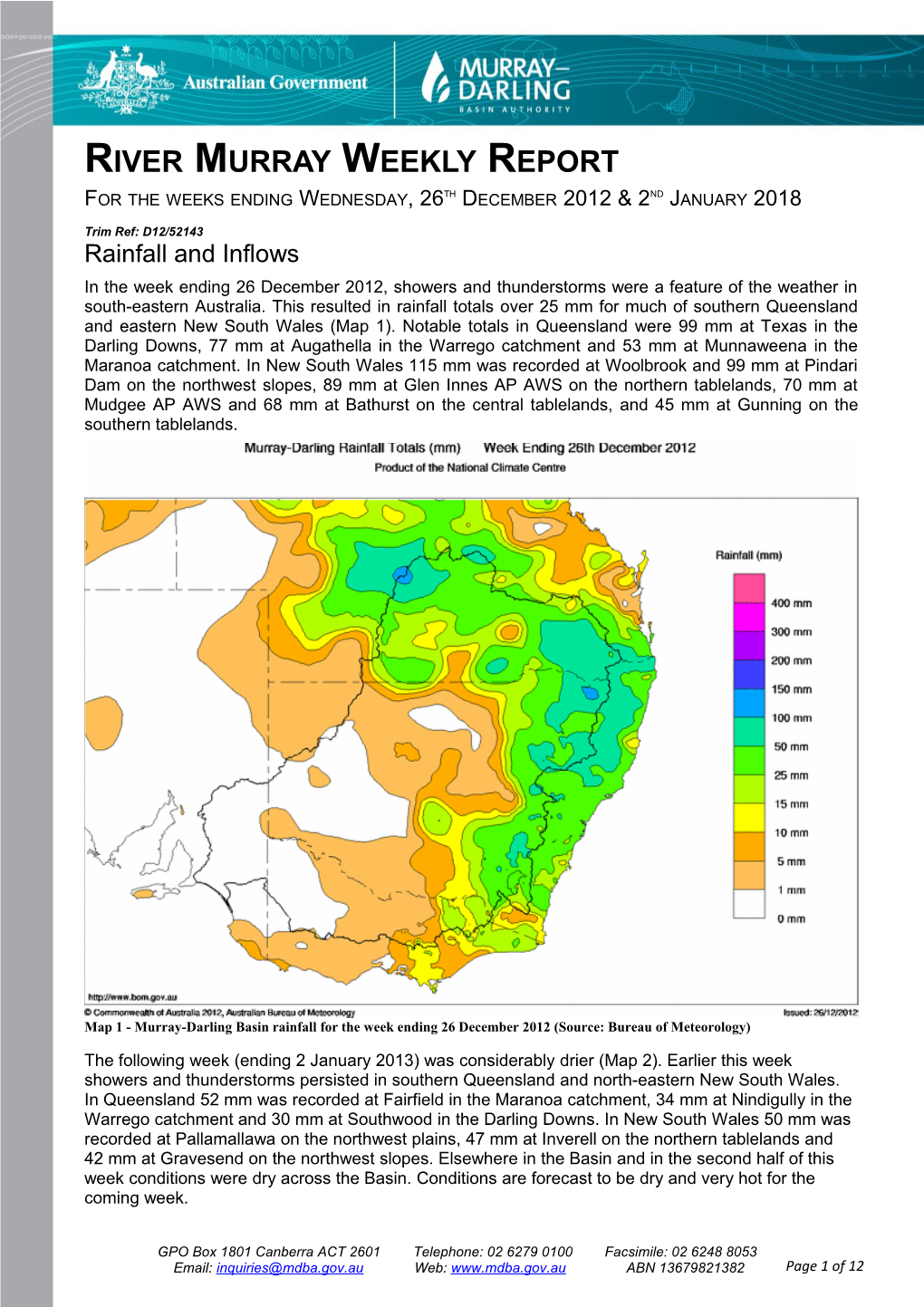 River Murray Operations Weekly Report 26 December 2012 & 2 January 2013