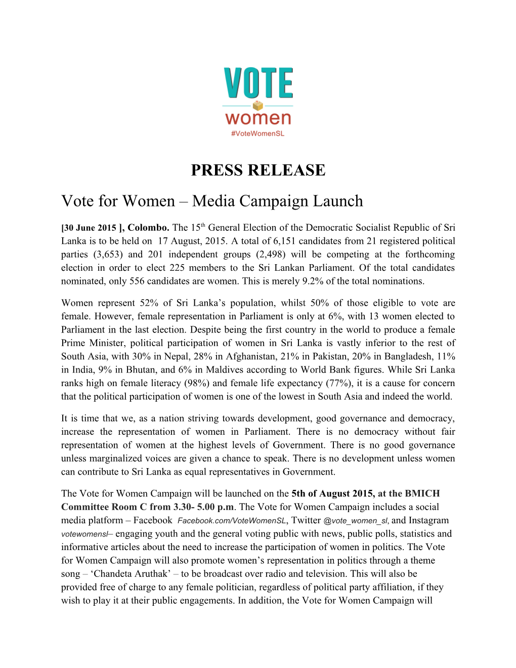 Vote for Women Media Campaign Launch