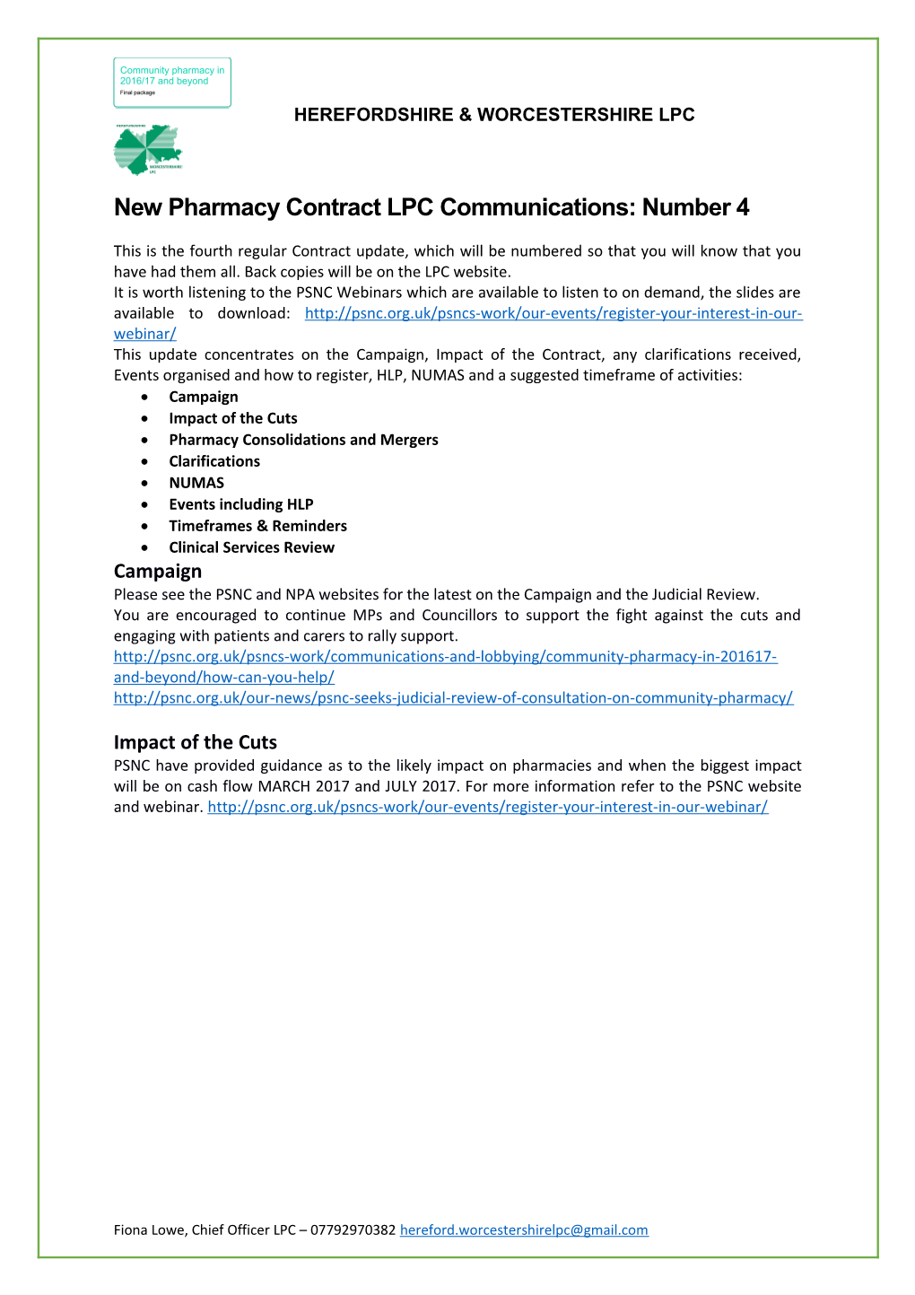 New Pharmacy Contract LPC Communications: Number 4