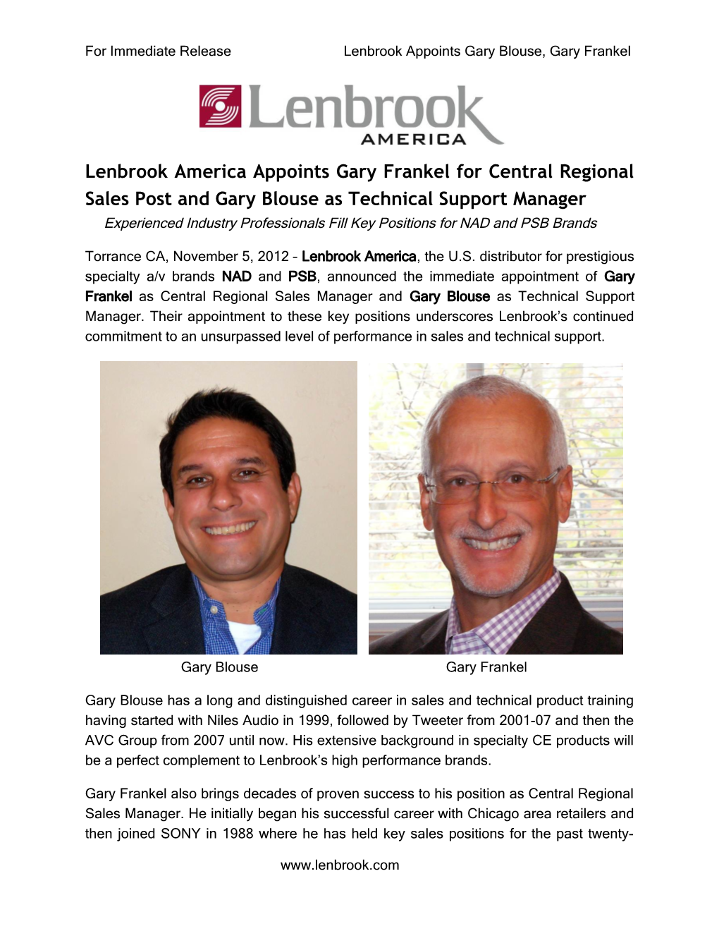 For Immediate Release Lenbrook Appoints Gary Blouse, Gary Frankel