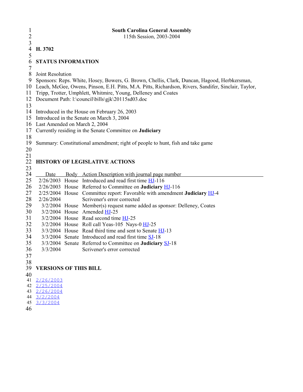 2003-2004 Bill 3702: Constitutional Amendment; Right of People to Hunt, Fish and Take Game