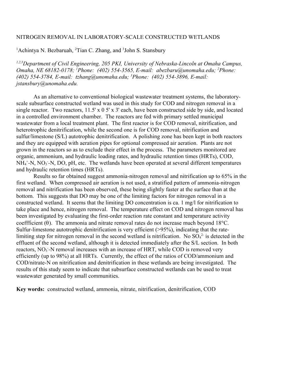 Nitrogen Removal in Laboratory-Scale Constructed Wetlands