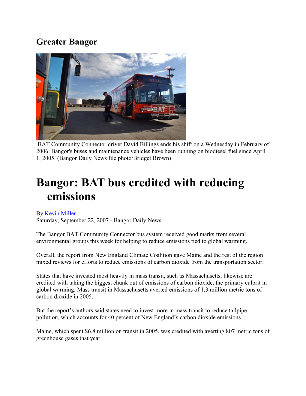 Bangor: BAT Bus Credited with Reducing Emissions