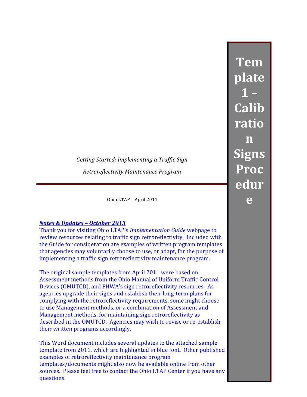 Template 1 Calibration Signs Procedure