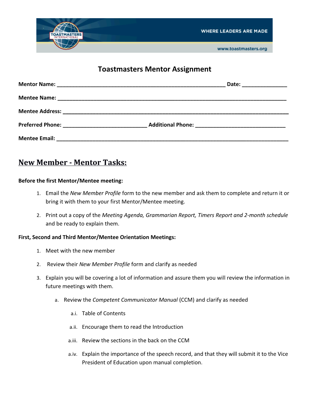 Toastmasters Mentor Assignment