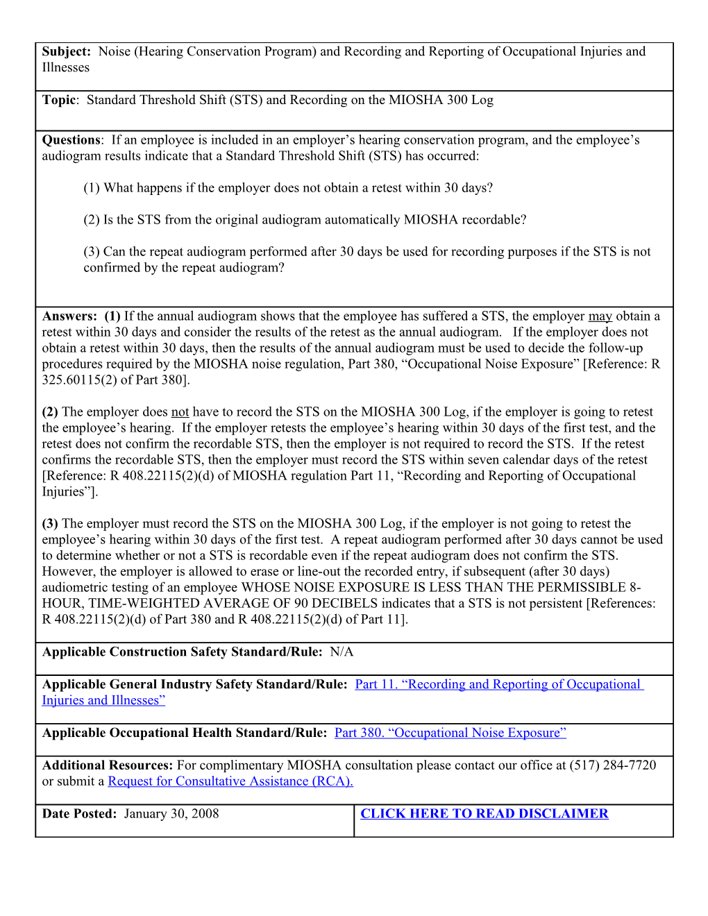 Noise (Hearing Conservation Program) and Recordkeeping and Reporting of Occupational Injuries