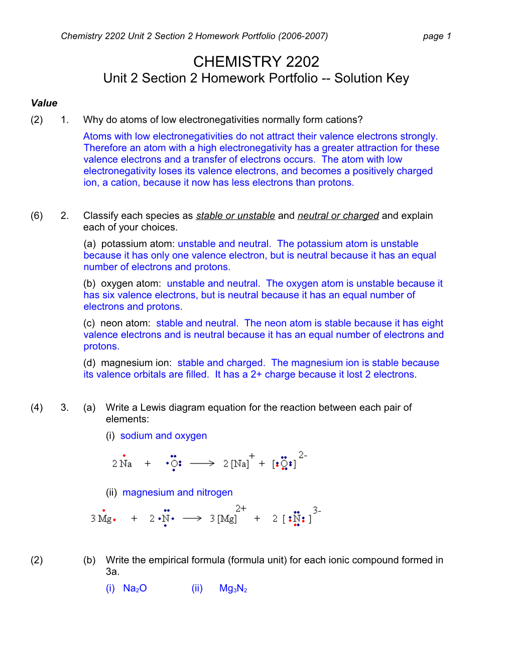 Chemistry 2202 Unit 2Section 2Homework Portfolio (2006-2007)Page 1