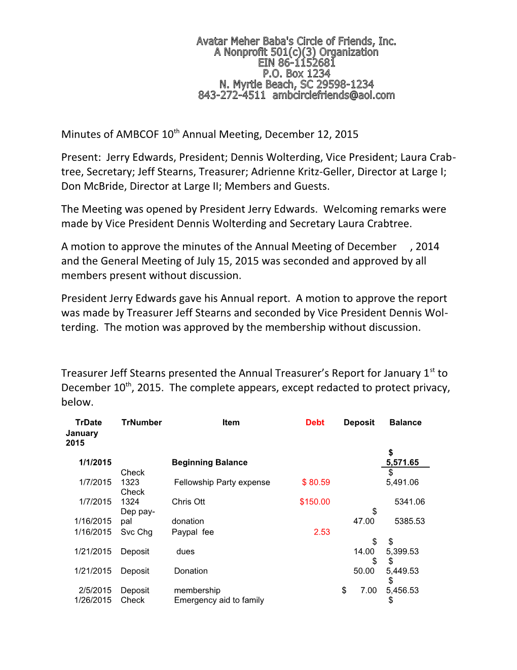 Minutes of AMBCOF 10Th Annual Meeting, December 12, 2015