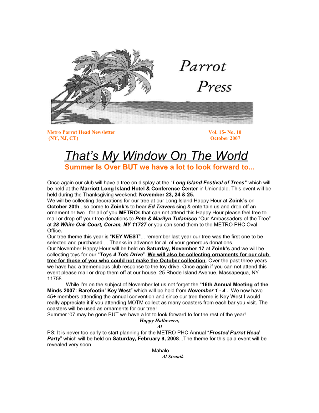 Metro Parrot Head Newsletter Vol. 15- No. 10