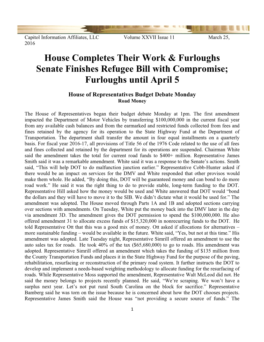 House Completes Their Work & Furloughs