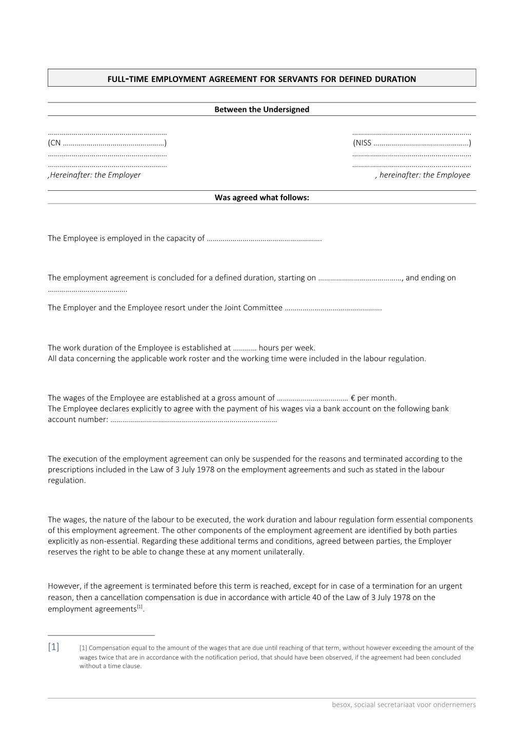 Full-Time Employment Agreement for Servants for Defined Duration