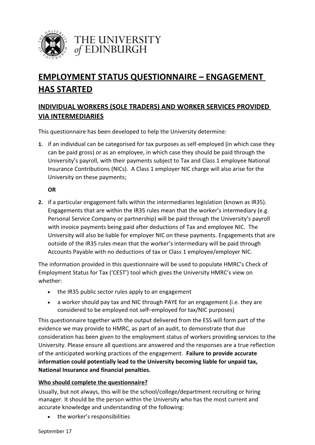 Employment Status Questionnaire Engagement Has Started