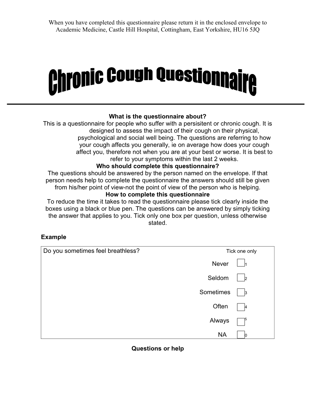 Division of Academic Medicine, Castle Hill Hospital Chronic Cough Questionnaire V2 20.09.02