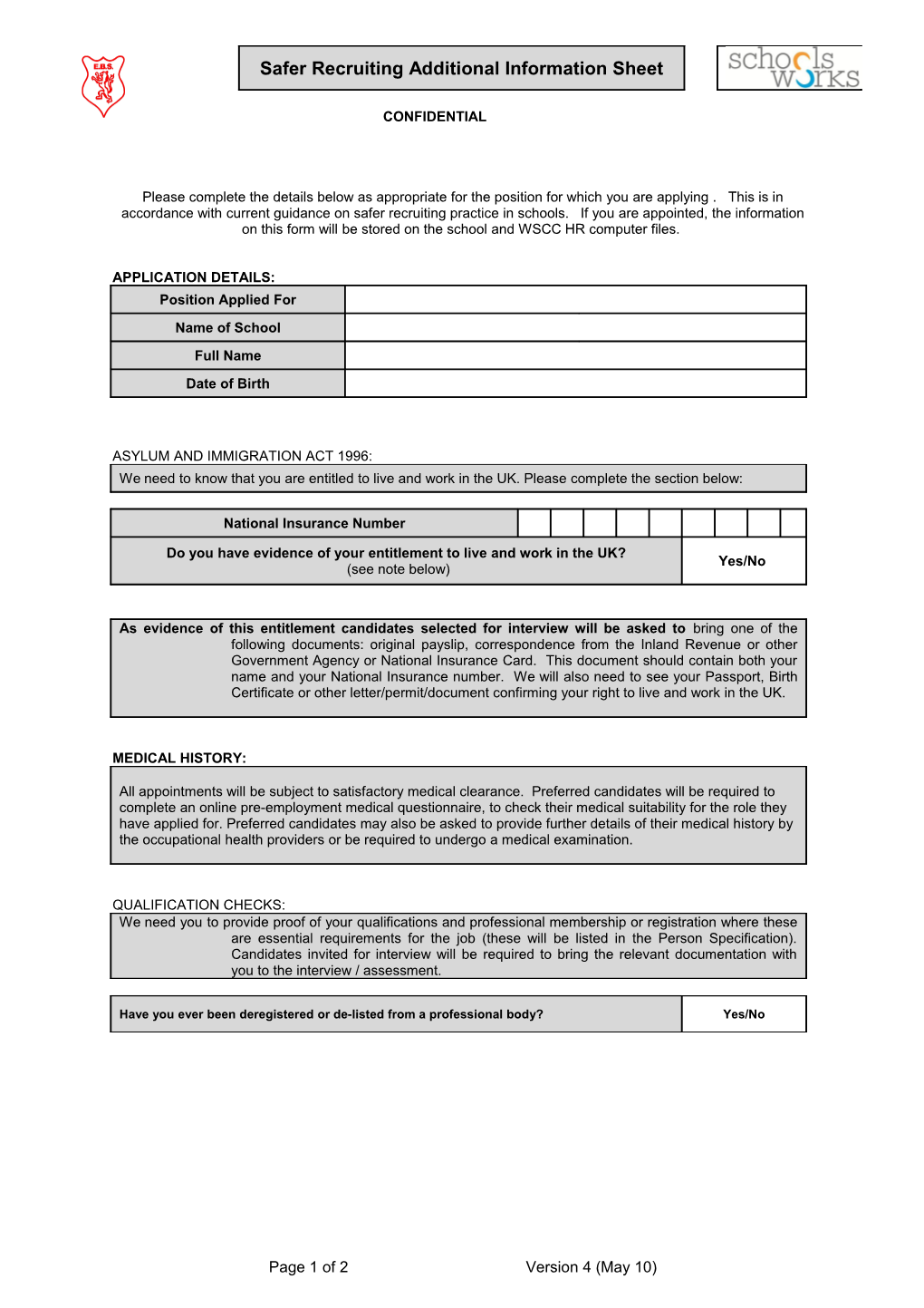 Safer Recruiting Additional Information Sheet