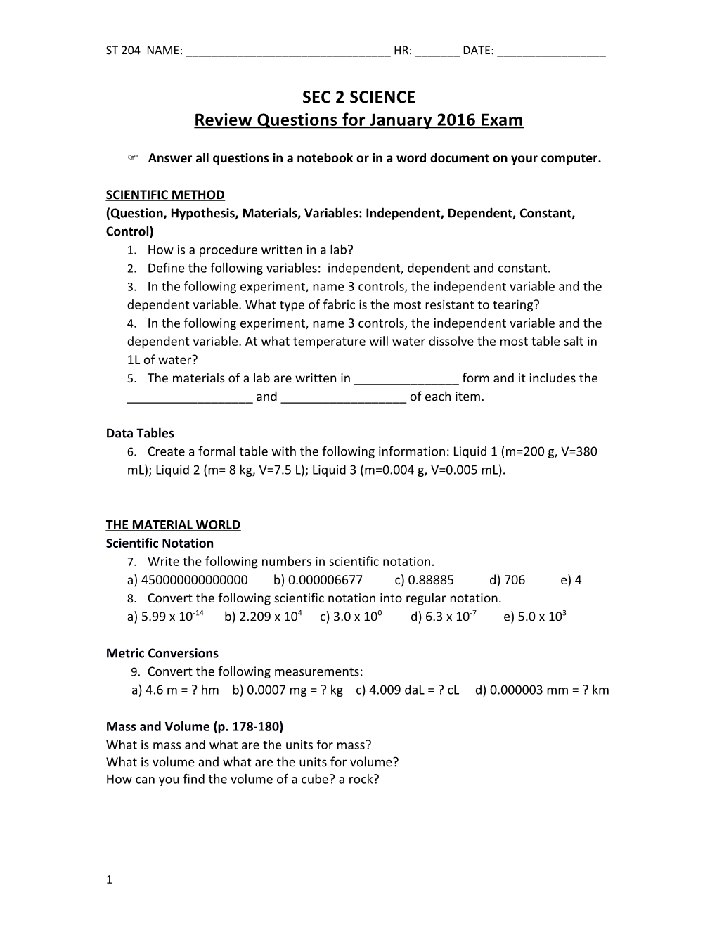 Review Questions for January 2016 Exam