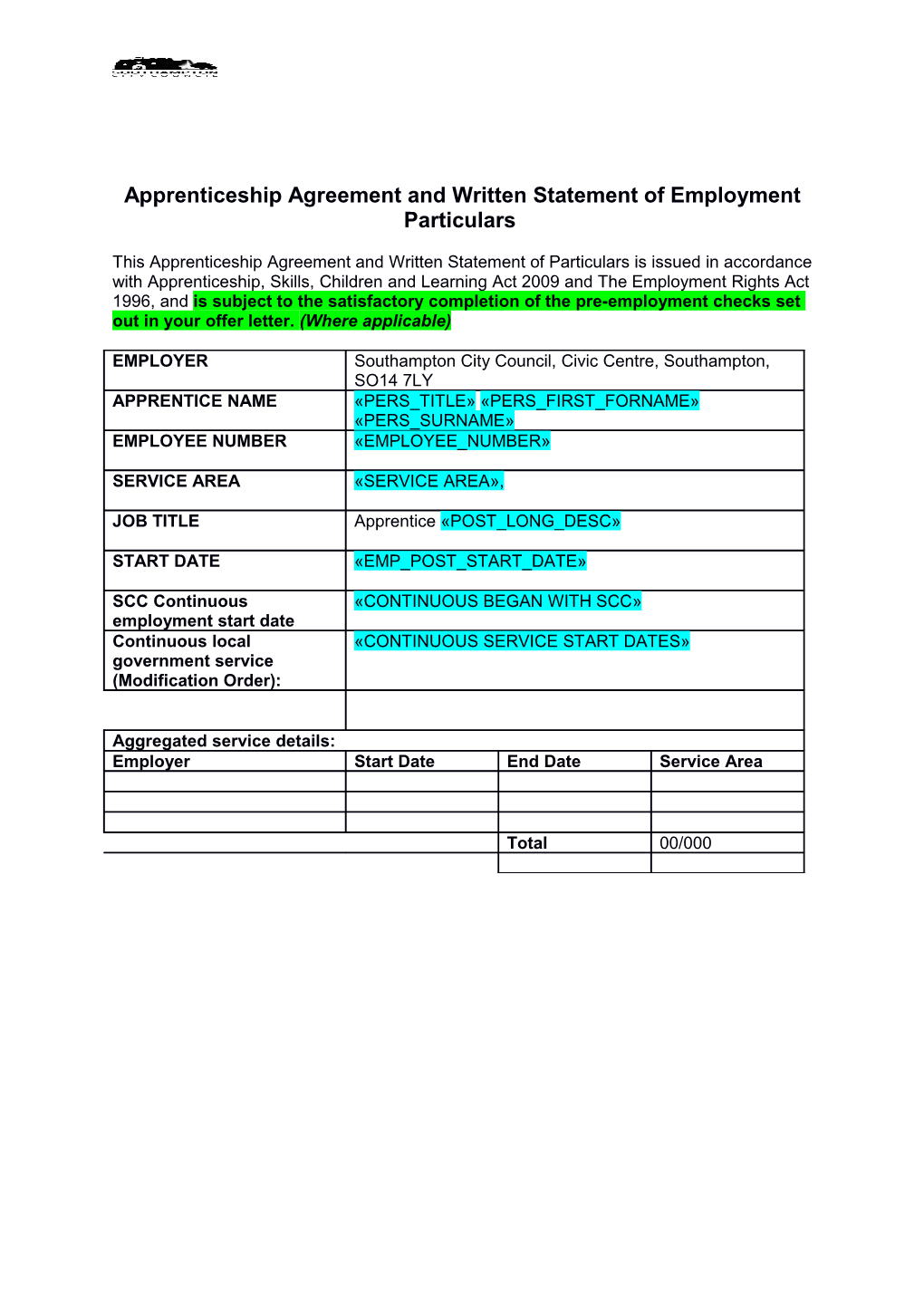 Apprenticeship Agreement and Written Statement of Employment Particulars