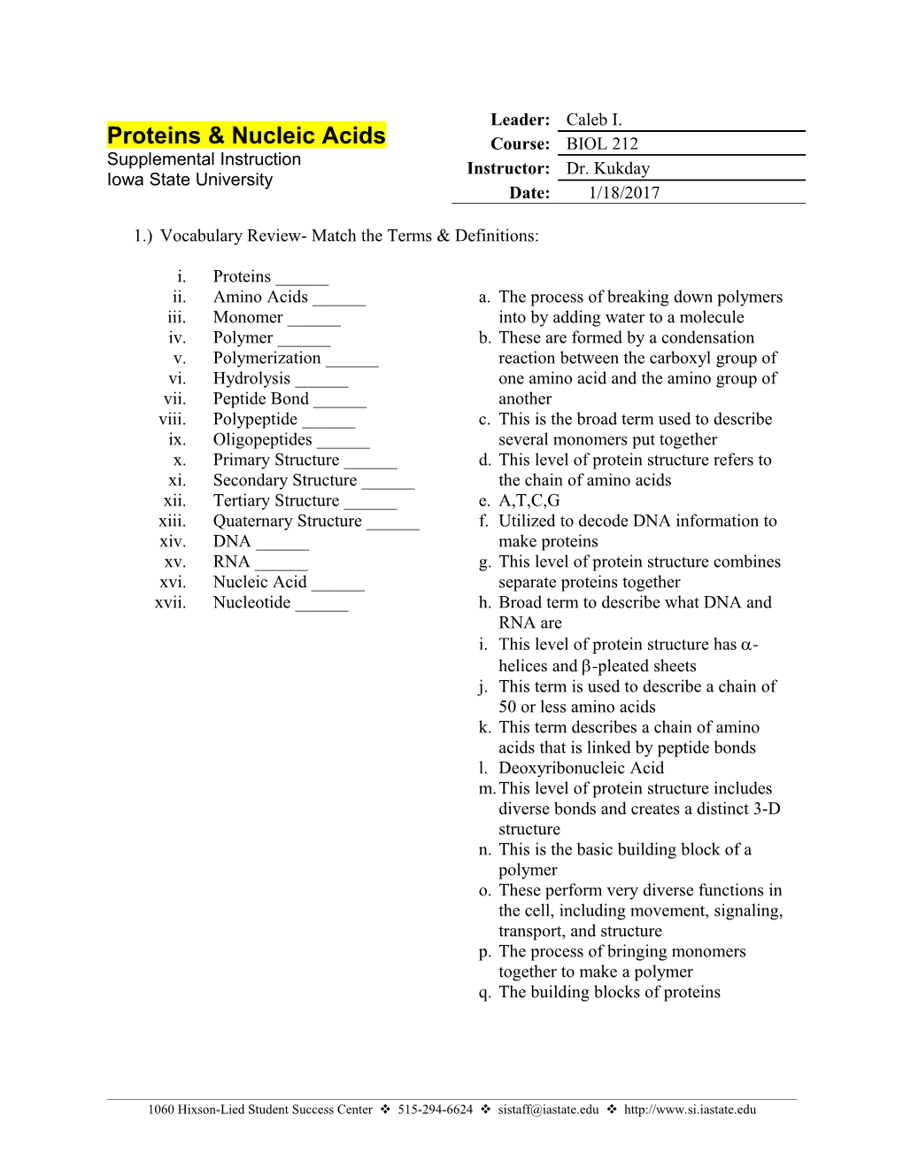 1.)Vocabulary Review- Match the Terms & Definitions