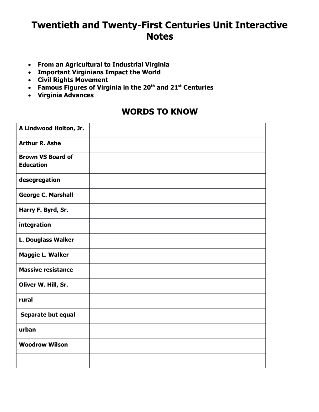 Twentieth and Twenty-First Centuries Unit Interactive Notes